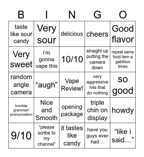 Vape Lady Bingo Card