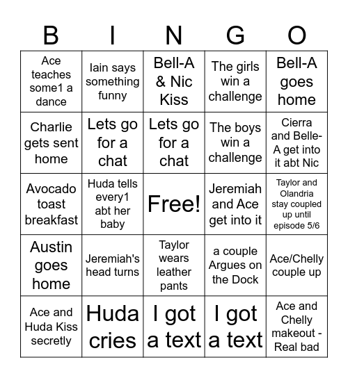 Love Island Bingo Card