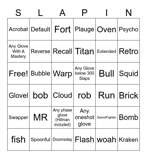 Slap Battles Gloves Bingo Card