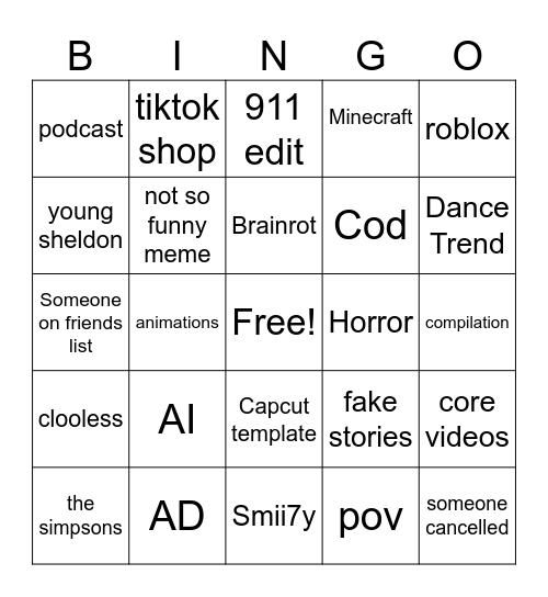 TIKTOK FYP Bingo Card