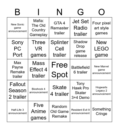 Summer Game Fest Bingo Card
