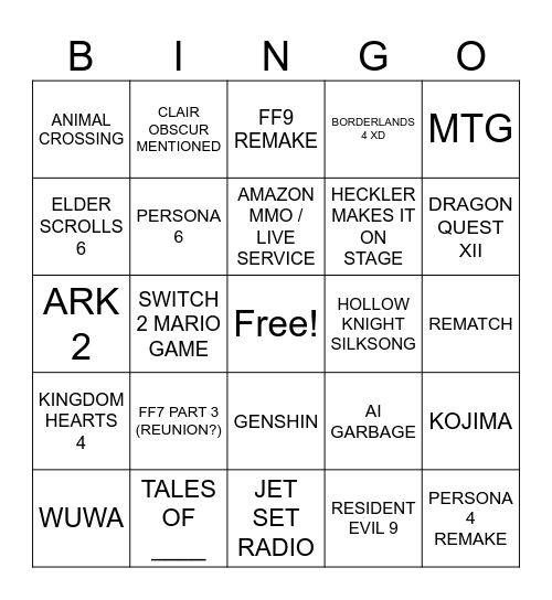 Summer Gaym Fest Bingo Card