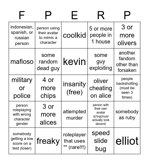 FPE RP BINGO!!! Bingo Card