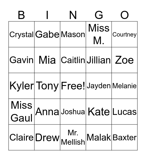Kindergarten Bingo Card