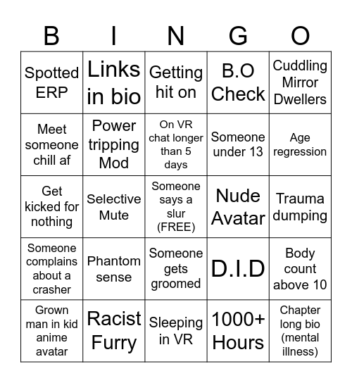 VR Chat Bingo Card