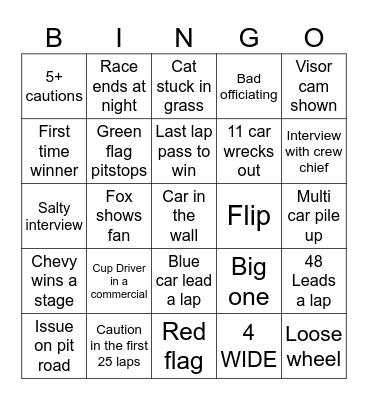 Nascar Bingo Card