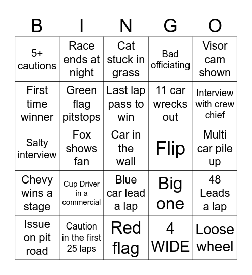 Nascar Bingo Card