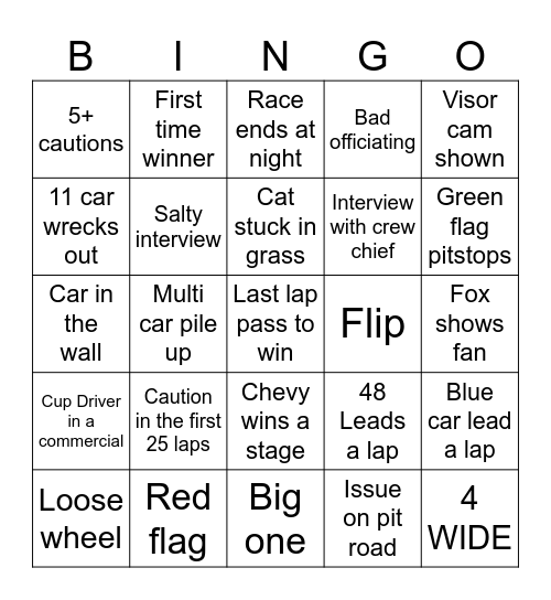 Nascar Bingo Card
