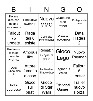 Summer game fest Bingo Card