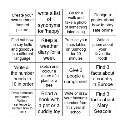 Summer Term Bingo! Bingo Card