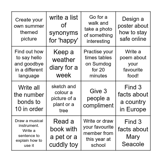 Summer Term Bingo! Bingo Card