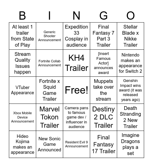 Summer GamesFest 2025 Bingo Card