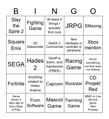 Summer Games Fest 2025 Bingo Card