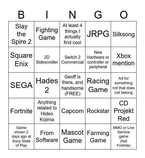 Summer Games Fest 2025 Bingo Card