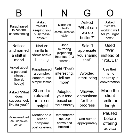 Rapport Building with Clients Bingo Card