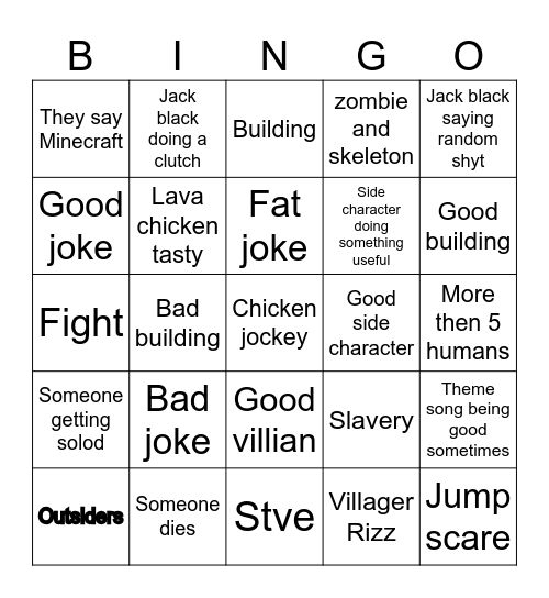 Minecraft movie Bingo Card