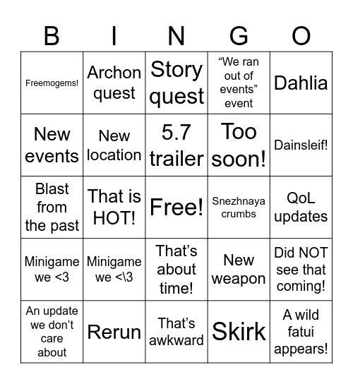 Genshin 5.7 Livestream Bingo Card