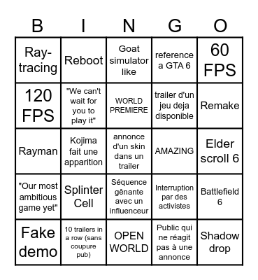 Summer Game Fest Bingo Card