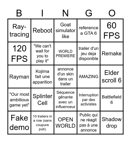 Summer Game Fest Bingo Card