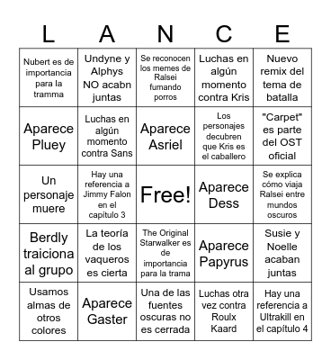 Deltarune Chapters 3 and 4 Bingo Card