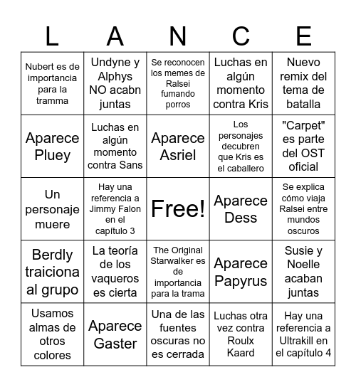 Deltarune Chapters 3 and 4 Bingo Card