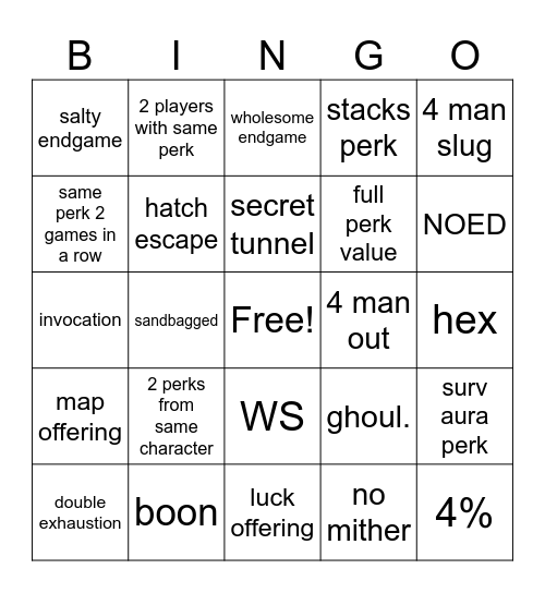 dbd bingo Card