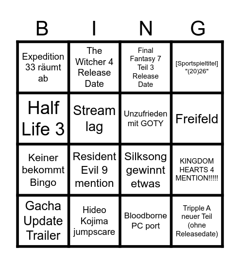 Game Awards 2025 Bingo Card