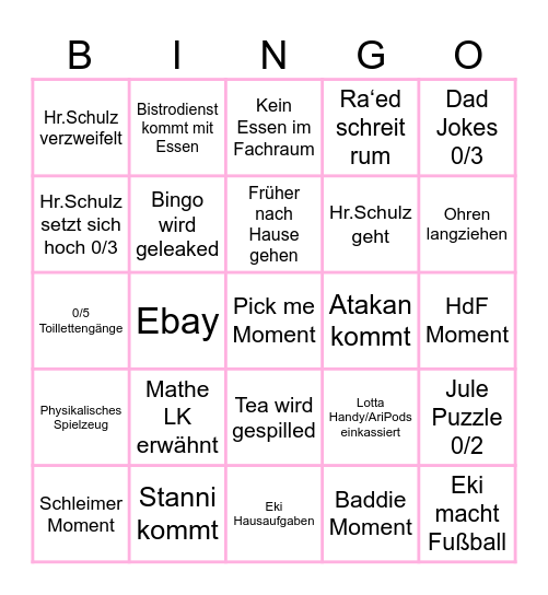 Mathe Vertiefung Bingo Card