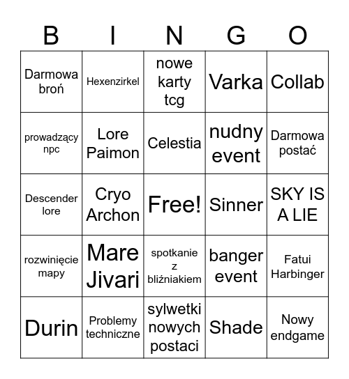 Genshin 5.7 Bingo Card