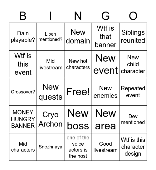Genshin Impact 5.7 stream Bingo Card