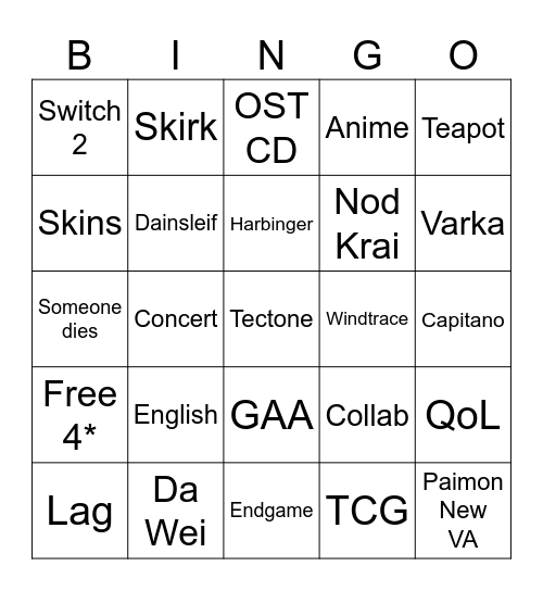 GENSHIN 5.7 BINGO Card