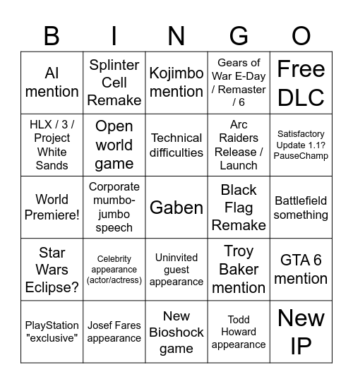 Summer Game Fest 2025 Bingo Card