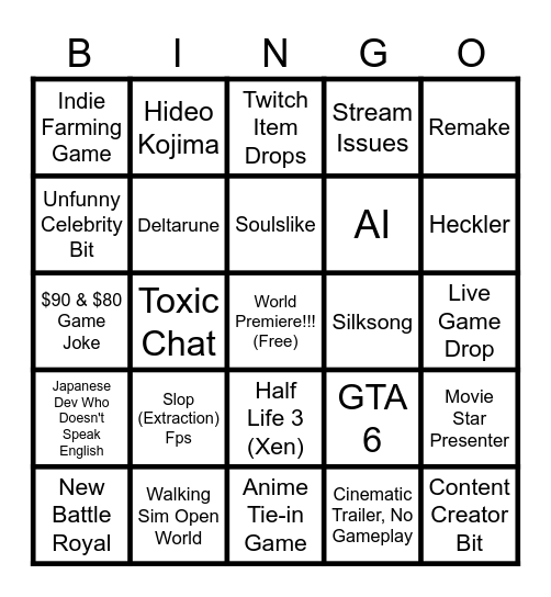 Summer Game Fest Bingo Card