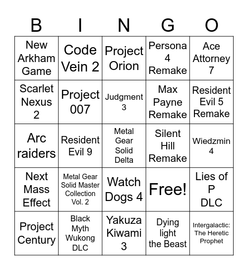 Summer Game Fest 2025 Bingo Card