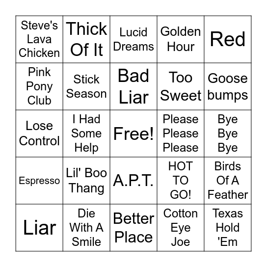 Songs of the Year Bingo Card