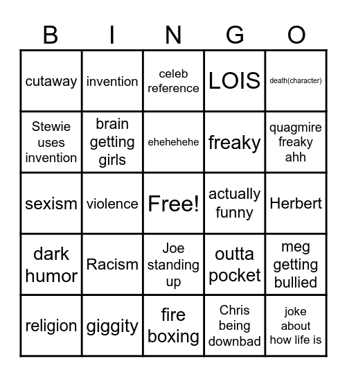 Family Guy Bingo Card