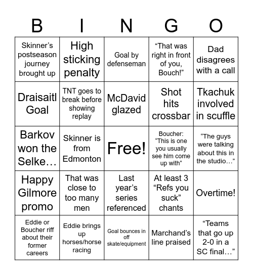 Stanley Cup Final Game 2 Bingo Card