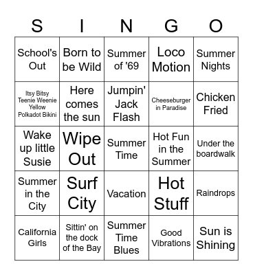 Summer Hits Bingo Card