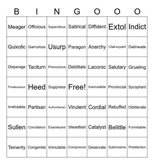 Vocabulary Bingo Card
