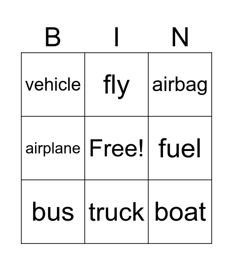 Vehicles and modes of transportation Bingo Card