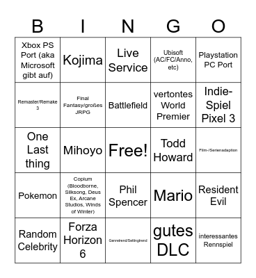 Summer Game Fest Bingo Card