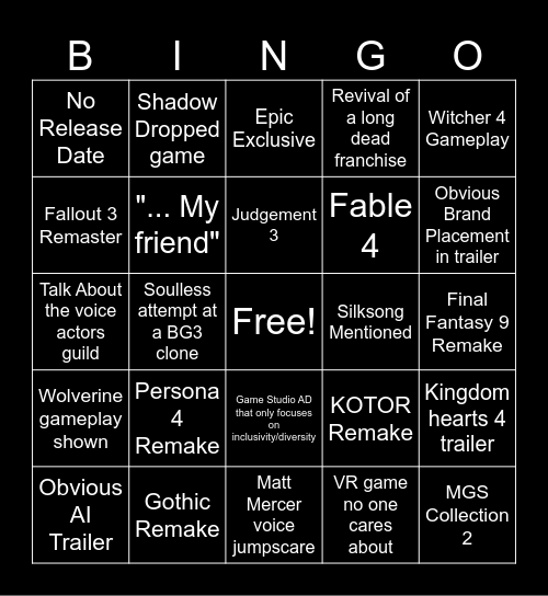 Game Fest 2025 Bingo Card