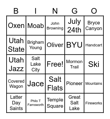 UTAH BINGO Card