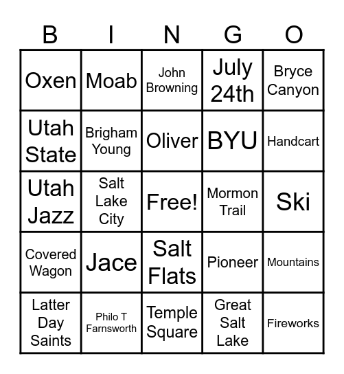 UTAH BINGO Card