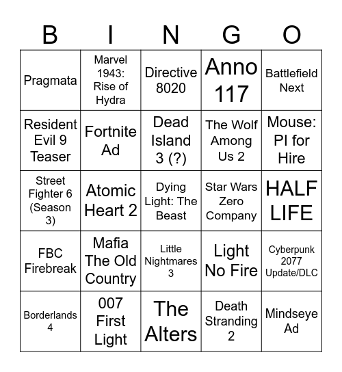 SGF 2025 Predictions Bingo Card