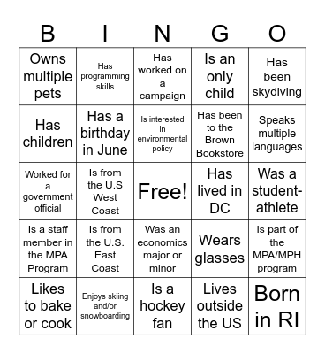 MPA Orientation Bingo Card
