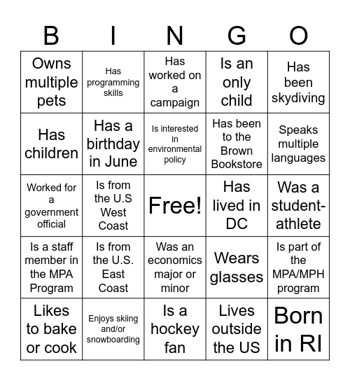 MPA Orientation Bingo Card