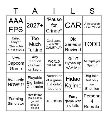Summer Games Fest/Xbox Tail Lover Bingo Card