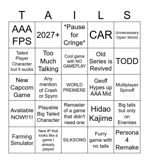 Summer Games Fest/Xbox Tail Lover Bingo Card