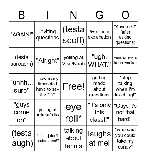 Testa Bingo Card